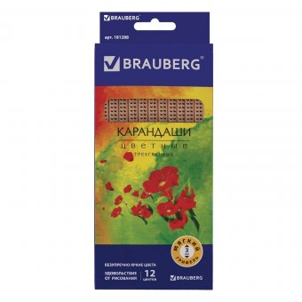 Карандаши цветные BRAUBERG "Цветы" 12 цветов, лакированное дерево 181288