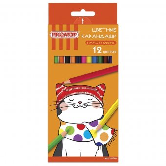 Карандаши цветные ПИФАГОР "КОТИК" 12 цветов, пластиковые, заточенные 181340