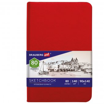 Скетчбук, слоновая кость 140 г/м2 90х140 мм, 80 л., КОЖЗАМ, резинка, BRAUBERG ART CLASSIC, красный, 113187