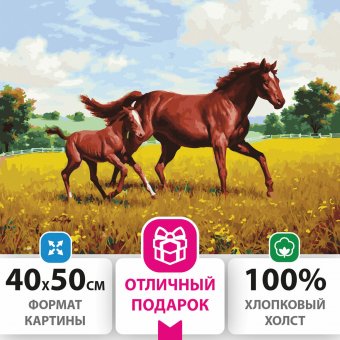Картина по номерам 40х50 см, ОСТРОВ СОКРОВИЩ "Лошади на лугу", на подрамнике, акриловые краски, 3 кисти, 66246