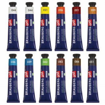 Краски акриловые художественные BRAUBERG ART CLASSIC, НАБОР 12 шт, 11 цветов, в тубах 22 мл, 191721