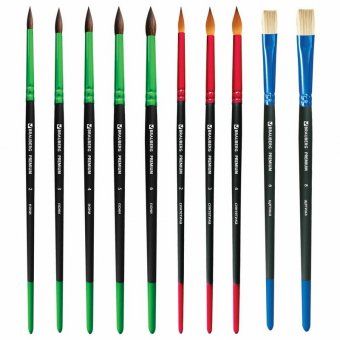 Кисти BRAUBERG PREMIUM, набор 10 шт. (круглые пони - 5 шт., синтетика - 3 шт., плоские щетина - 2 шт.), блисте