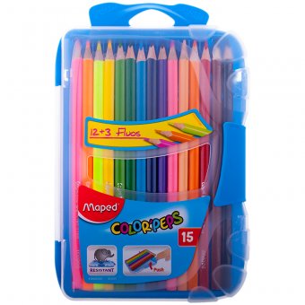 Карандаши цветные Maped "Color Peps" 15 цветов + 3 флуоресцентных, трехгранные, пластиковый пенал