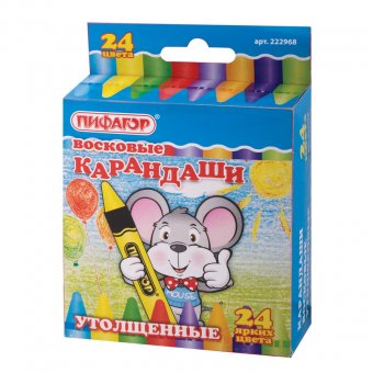 Восковые карандаши утолщенные Пифагор, 24 цвета
