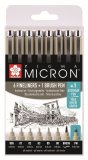 Набор капилярных ручек Pigma Micron 8шт (0.2мм 025мм 0.3мм 0.35мм 0.45мм 0.5мм), черные + brush+PN