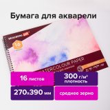 Альбом для акварели, бумага 300 г/м2, 270х390 мм, среднее зерно, 16 листов, гребень, BRAUBERG ART "PREMIERE", 