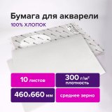 Бумага для акварели ХЛОПОК 100%, 300 г/м2, 460x660 мм, среднее зерно, 10 листов, BRAUBERG ART, "PREMIERE", 113