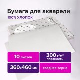 Бумага для акварели ХЛОПОК 100%, 300 г/м2, 360x460 мм, среднее зерно,10 листов, BRAUBERG ART "PREMIERE", 11322